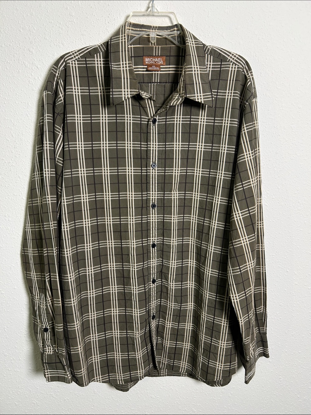 Michael Kors Green Tan white plaid Cotton Button down shirt Men’s XXL